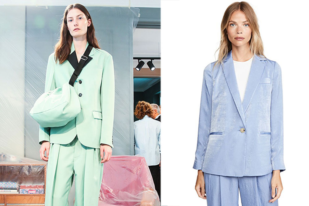Plan C minty-green suit from spring/summer 2020 runway. Vince hammered satin pantsuit. 