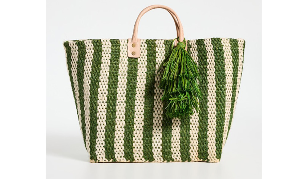 Green-and-white striped straw tote