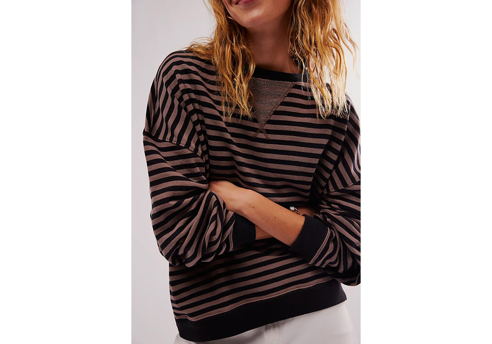 Free People brown-and-black striped oversize crewneck