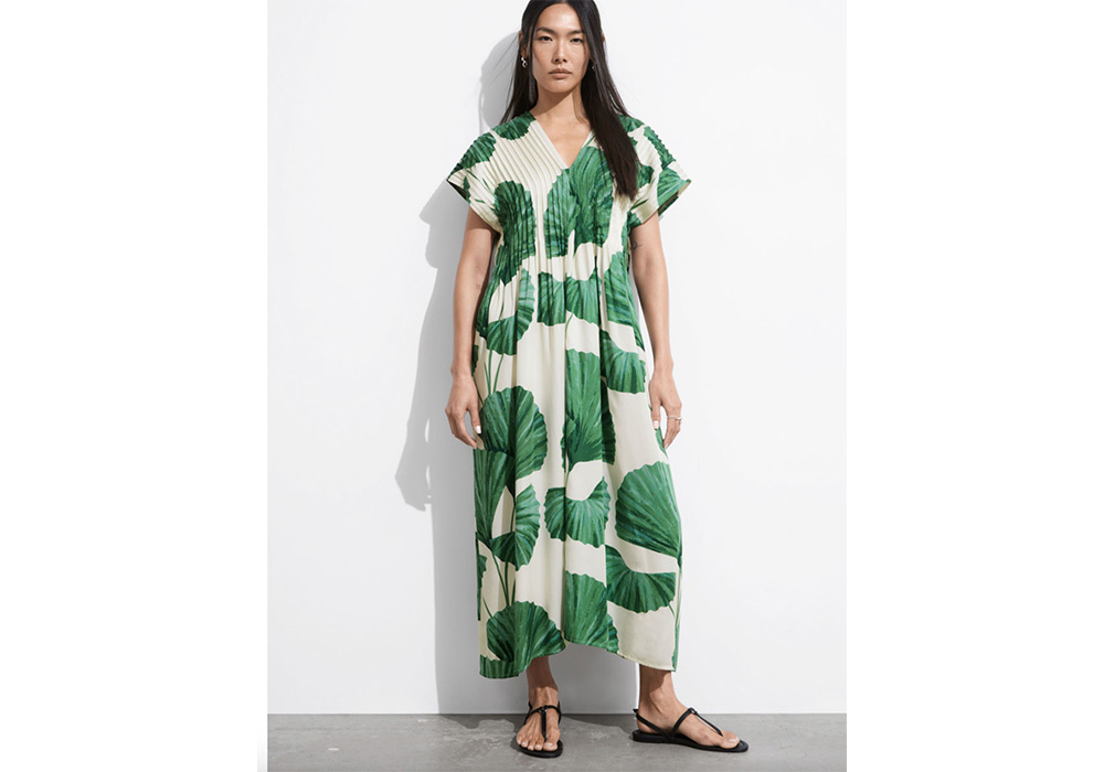 &Other Stories pleated white and green midi dress