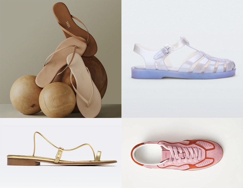 From top left, clockwise: Tkees flip-flops, jelly sandals, Emme Parsons barely there sandals and Aloha pink sneakers. 