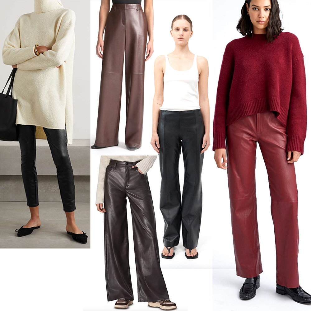 Spanx faux leather leggings, Lafayette 148 NY's nappa leather trousers, St. Agni's low-rise leather pants, Sprwmn's dark crimson pants and Rag & Bone's faux leather wide-leg pants. 