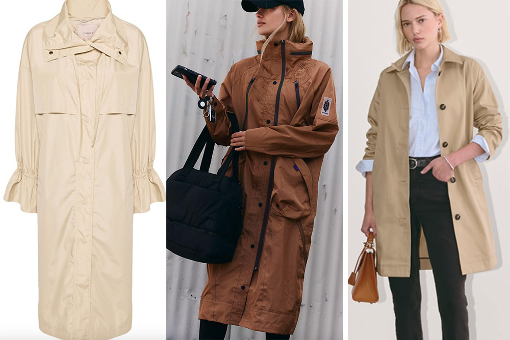 A taffeta trench from Milan's Twinset, Free People's Rain and Shine trench and a no-frills mac from Everlane