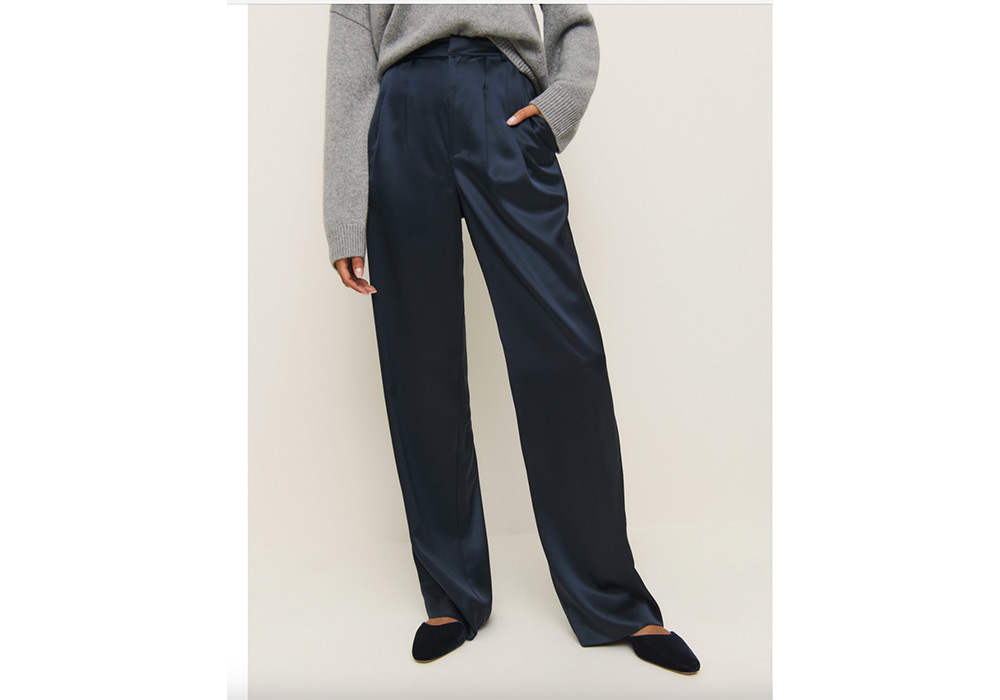 Navy satin pants from Reformation